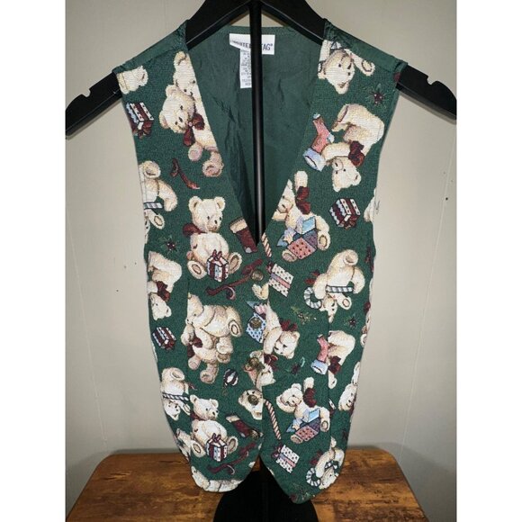 Vintage 1980 White Stag Christmas Tapestry Vest with Teddy Bears Medium Granny C - Picture 1 of 4